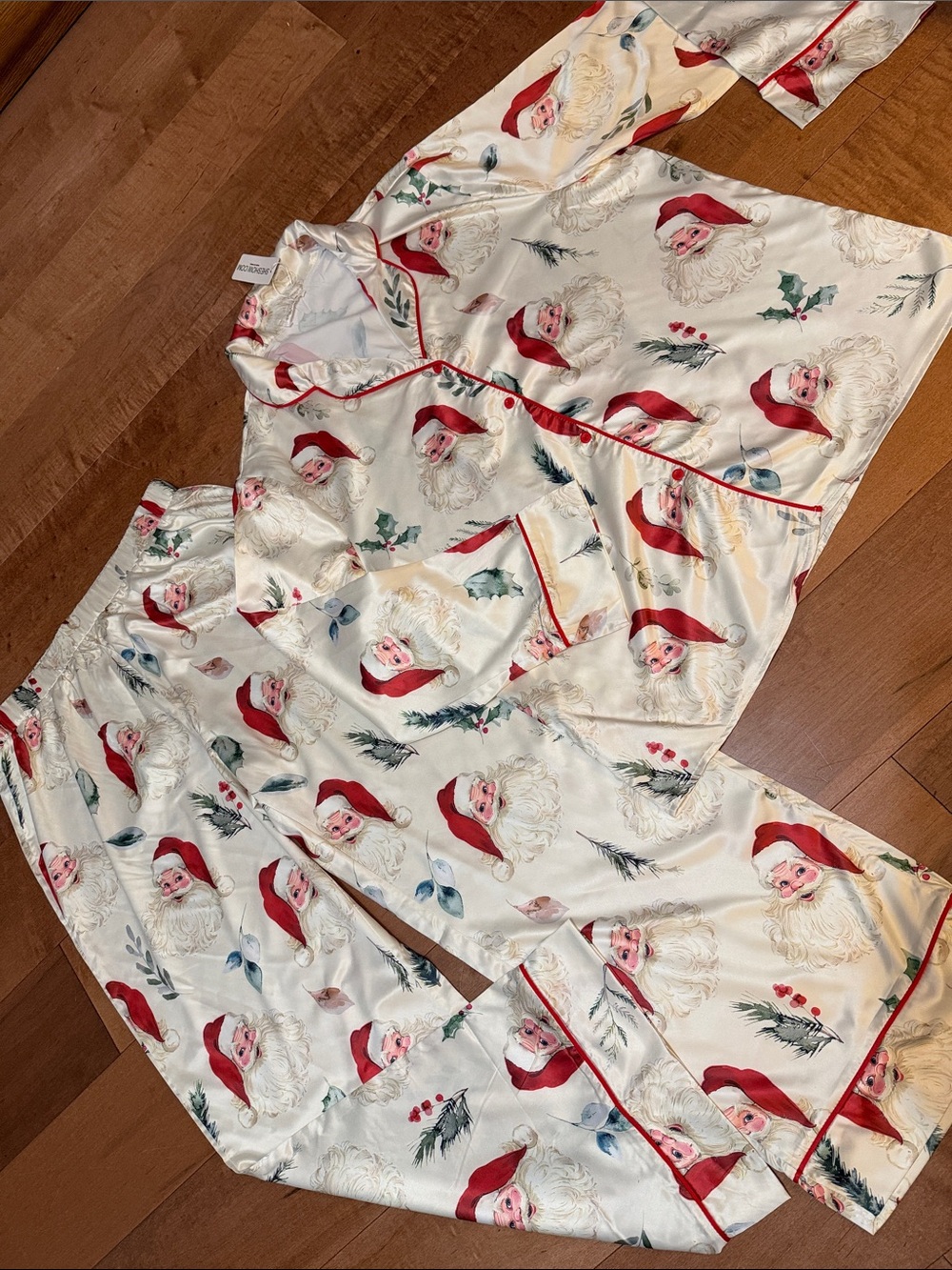 Women’s Satin Santa Print Pajama Set - Red and White